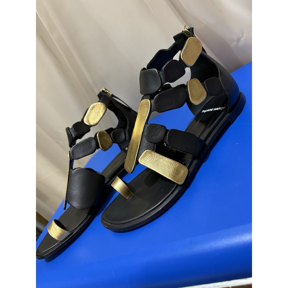 Pierre Hardy Black Gold Gladiator Leather Flat Sandals Size 37
